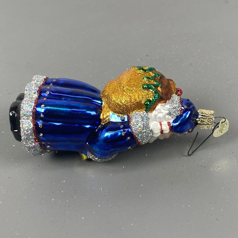 Old World Christmas 2 Santa Claus Glass Holiday Glitter Ornaments Blue & Red